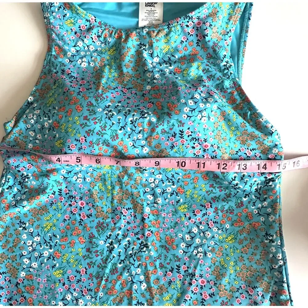 Lands End Floral Tankini Tank Top Womens Size 4 Turquoise UPF 50 Swim Beach